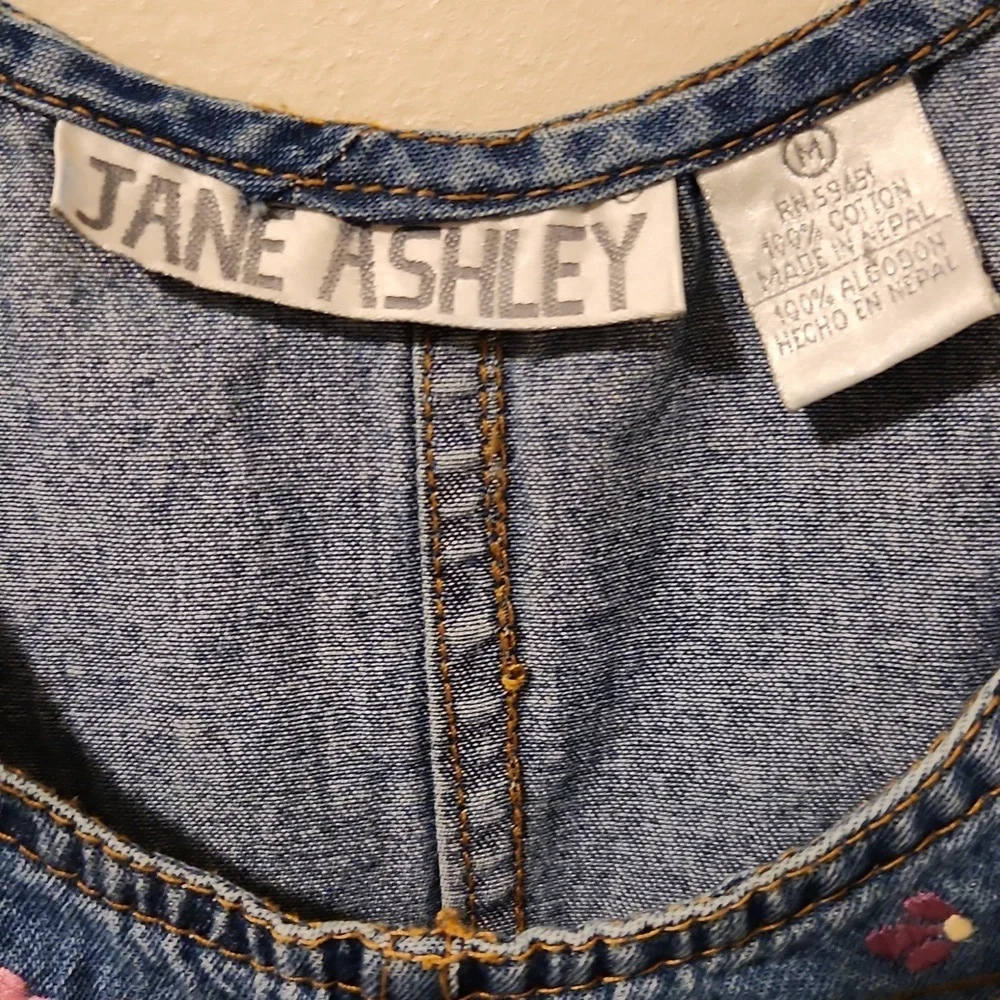 Jane Ashley Womens Vintage Denim Dress M Maxi w Floral Embridered Neck Pockets - Picture 2 of 12